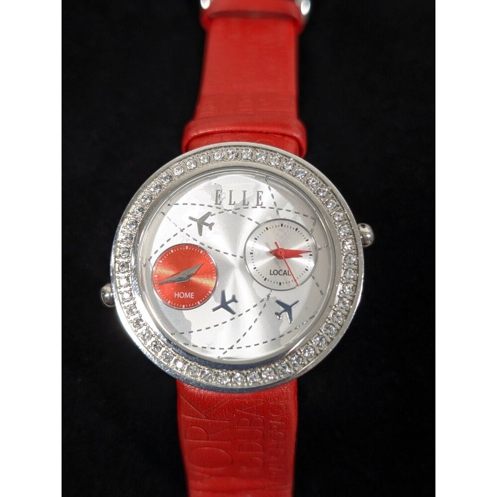 Elle Womens Dual Time Watch Airplane Travel Crystal Accent Red Leather Band - Picture 1 of 15